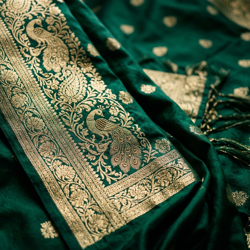 Close up of a traditional silk saree with zari work